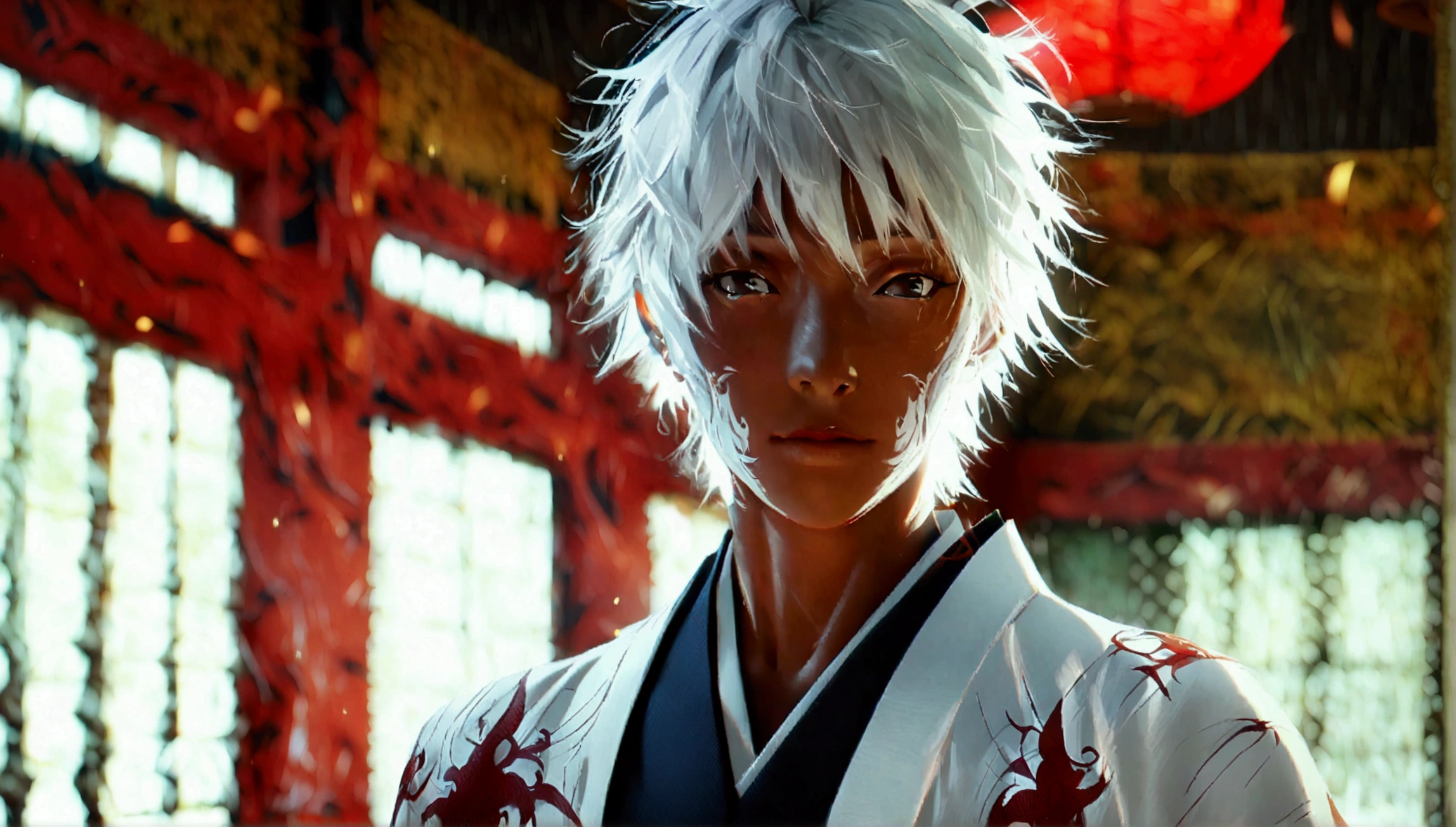 Man, black skin, whitish hair, white kimono with black details, bloody dojo background, "Intricate anime character design, stunning lighting, centered character, stunning face, creative details, ultra-fine 2D design, scenery bathed in creativity, boasting 2D anime resolution clarity, 4K anime quality, high-octane rendering"