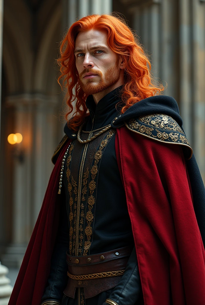 ((best qualityer)), ((work of art)), (detailded), 1 man with red hair wearing medieval black and red 