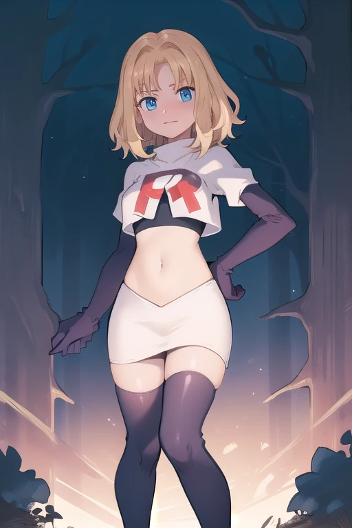 1girl, sxhelen, blonde hair, medium hair, blue eyes, team rocket,team rocket uniform,white skirt,red letter R,crop top,black thigh-highs,black elbow gloves, forest,