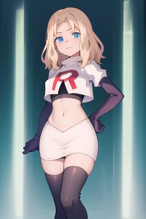 1girl, sxhelen, blonde hair, medium hair, blue eyes, team rocket,team rocket uniform,white skirt,red letter R,crop top,black thigh-highs,black elbow gloves, forest,