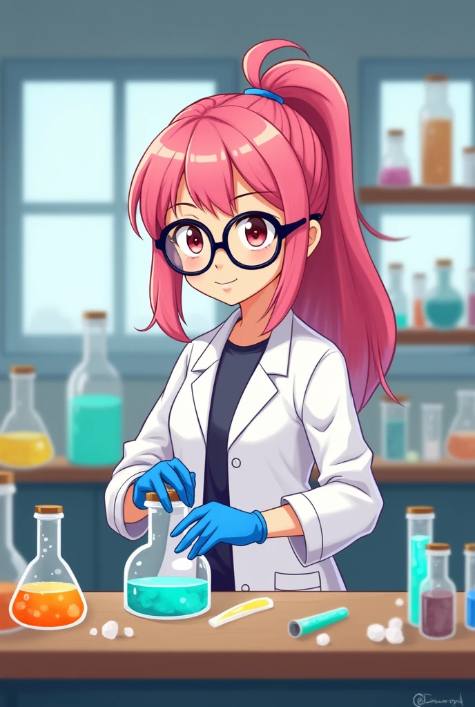 An animated cartoon style girl with a ponytail in her pink hair wearing glasses and a scientist outfit in a laboratory mixing things 