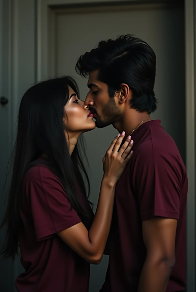 (Photorealistic:1.2),indian young man taking mirror selfie,indian girl bending down towards the man,girl sucking male cock,girl in maroon tshirt,girl with long straight hair,dark room,male face hidden by phone