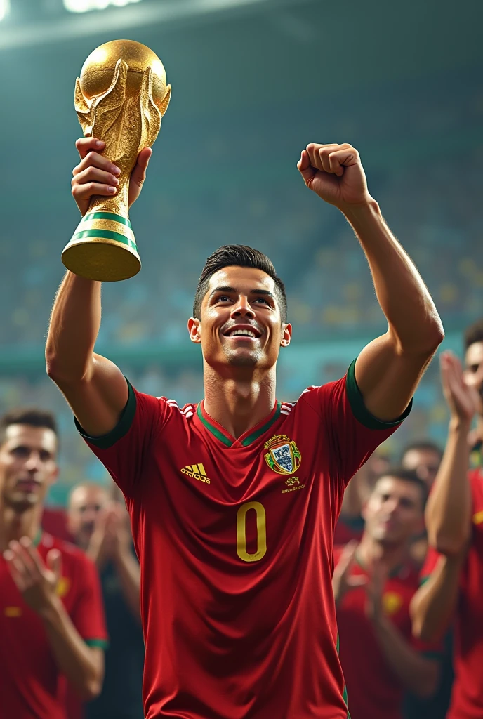 Cristiano Ronaldo with a World Cup and 9 Ballon d'Ors