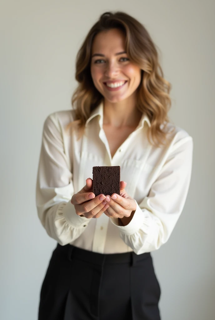 happy woman in formal blouse and pants, holding a very small rectangular brown almost black porous candy. 