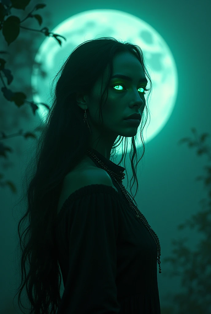 Show me a picture of an androgynous witch with the face of Policarpa Salavarrieta,Nocturnal, of the Moon, from the shadows, green, Cyan call of the sign Aquarius, vegetarian,sus colores favoritos son el azul y el green pero sobre todo el viridian y es una pantera de ojos green neón del Amazonas.
without hat. He loves hallucinogenic mushrooms.