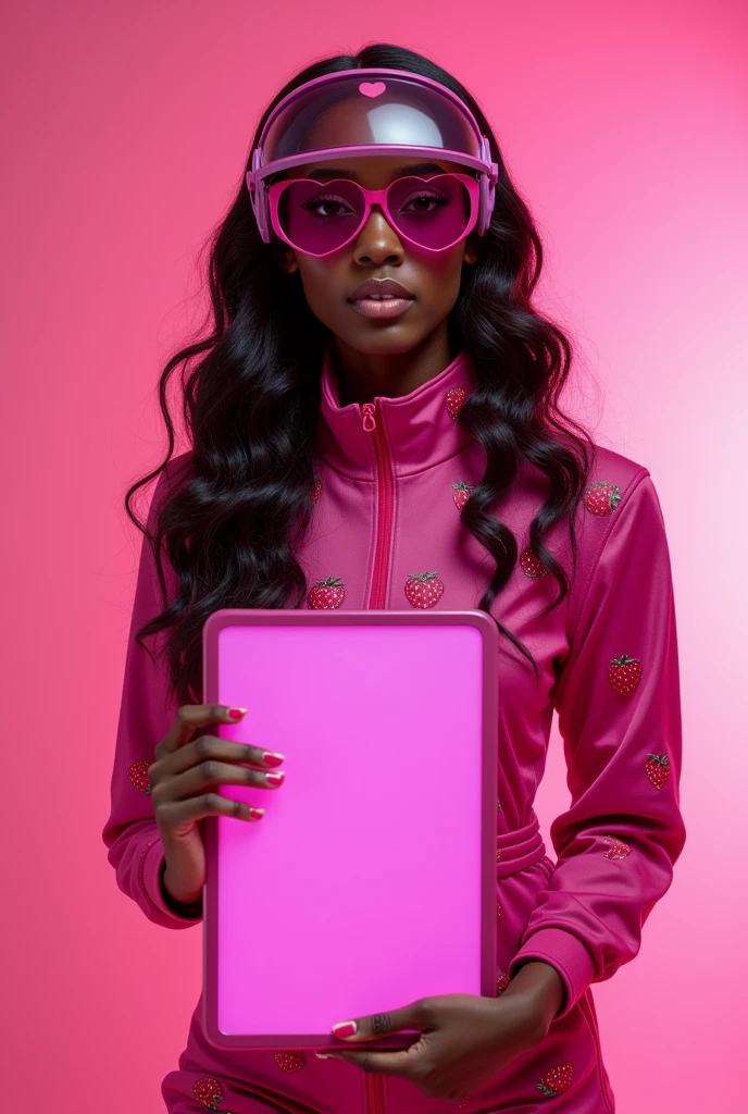 a black woman with long wavy magenta hair, and black eyes,wearing a magenta pink spatial outfit with a with pink strawberry print, and heart-shaped visor glasses,on pink universe background holding a pink screen