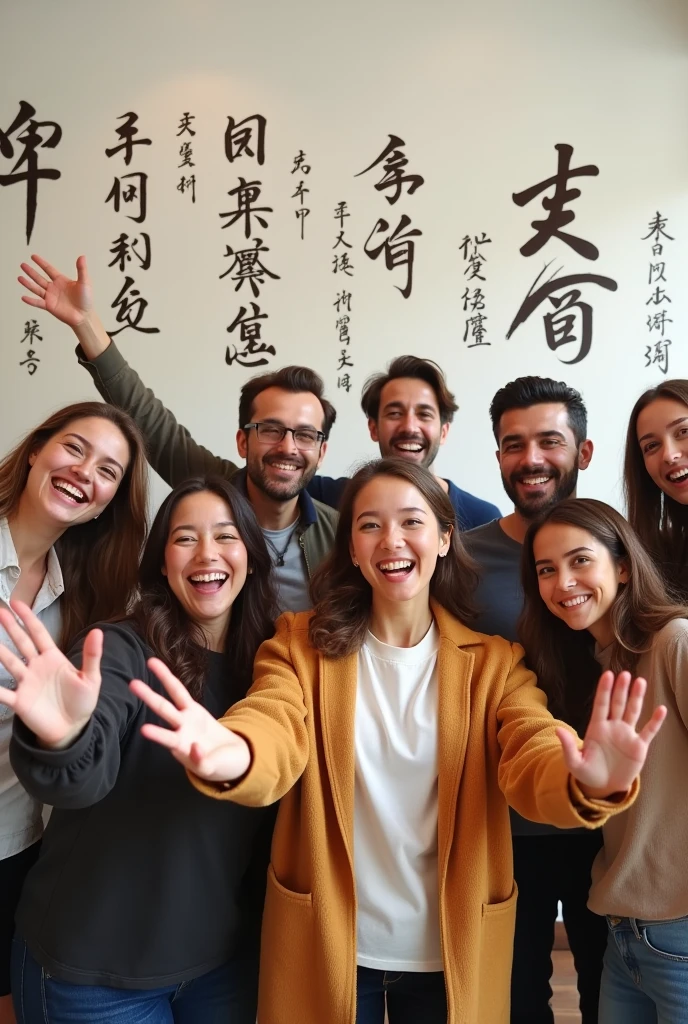 Un groupe de personnes heureux et souriants, nous regardent tous et nous offrent un grand cadeau de bienvenue. Le décor au fond est minimaliste avec des écritures chinoise, indienne et française, photo net en 10K détaillé