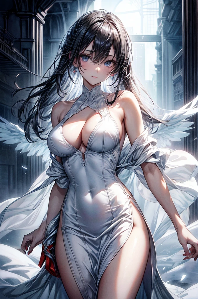 Raw photo, masterpiece, best quality, ultra-detailed, high resolution, extremely detailed CG, unity 8k wallpaper, official art, production art, novel illustration, caustics, textile shading, super detailed skin, perfect anatomy, detailed, cinematic lighting, dynamic lighting, older woman, slender and thin woman, 35 years old, beautiful detailed eyes, (fair white skin), cold and icy smile,(nsfw:0.7), (white Form-fitting silk dress :1.5), (EE breasts), curvy and thick slim body, large buttocks, raven black hair, piercing jet black eyes, long lashes, eye shadow, eyeliner, detailed eyes, beautiful eyes, full black lips, tall height(180cm), behind viewer, back shot, hips focus, Icy cold temperament, cold face(no smile), close up picture, (side slit dress:1.5), icy blue phoenix wings