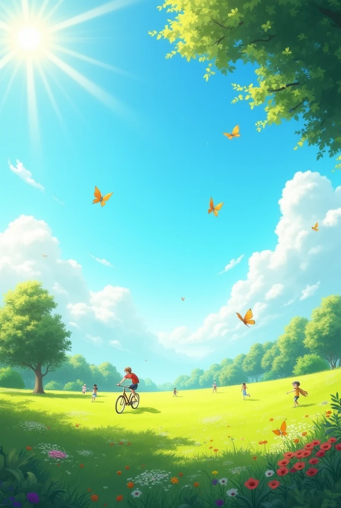 Create an image that reflects a beautiful, sunny day. It shows a clear, blue sky with no clouds., with a bright sun on the horizon. Includes a natural landscape, like a green and vibrant field, a park with leafy trees and colorful flowers. Add elements that suggest good weather, like people enjoying outdoor activities, like bike rides, picnic or just relaxing on the grass. You can include details like flying birds or butterflies., and the sunlight should be warm and soft, creating a joyful and serene atmosphere. The image should convey a feeling of peace and happiness, Capturing the beauty of a perfect day in detail, masterpiece, Best Quality, High resolution