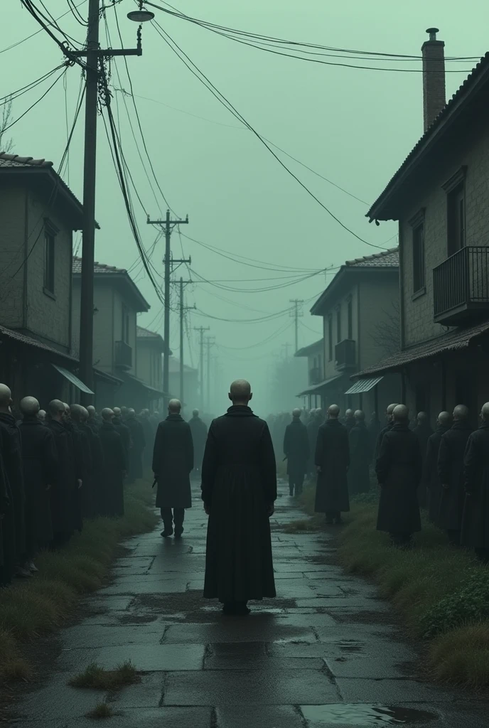the travelers drive away, the streets are lined with bald townspeople silently watching them, standing motionless