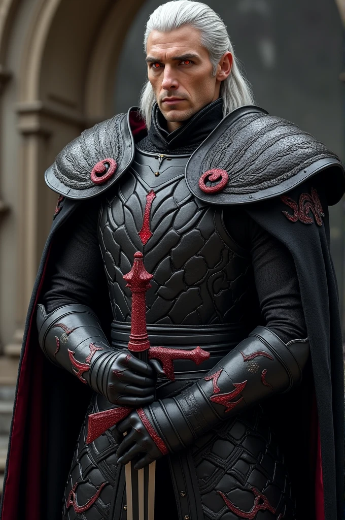 Imagine a male Targaryen character, strong and imposing, with the classic silver mane that falls to her shoulders. His red eyes glow brightly, as if they carried the fire of the dragon within them. His face is severe and chiseled., with a strong chin and marked cheekbones, which gives it a regal and dominant appearance.He wears black armor, Forged with dark red details that shimmer in the light, forming patterns of flames and intertwined dragons. The armor is robust, with well-fitting plates that accentuate its musculature and stature. The gauntlets and boots are also decorated with dragon engravings., and a black cloak, with red edges, hangs from his shoulders, waving slightly in the wind.In his right hand he holds a long sword, black leaf, with a sharp and deadly edge. The hilt is adorned with rubies that reflect the intensity of his eyes., and the guard is shaped like dragon wings, extended as if they were about to take flight. The character exudes a mix of power and nobility, worthy of his Targaryen lineage, and seems ready to face any challenge that comes his way..