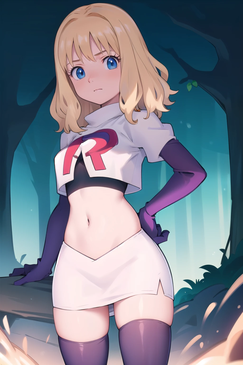 1girl, sxhelen, blonde hair, medium hair, blue eyes, team rocket,team rocket uniform,white skirt,red letter R,crop top,black thigh-highs,black elbow gloves, forest,