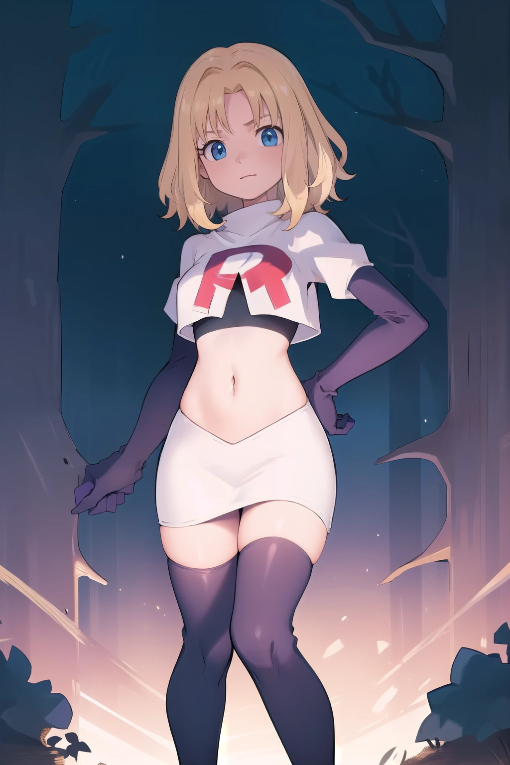 1girl, sxhelen, blonde hair, medium hair, blue eyes, team rocket,team rocket uniform,white skirt,red letter R,crop top,black thigh-highs,black elbow gloves, forest,