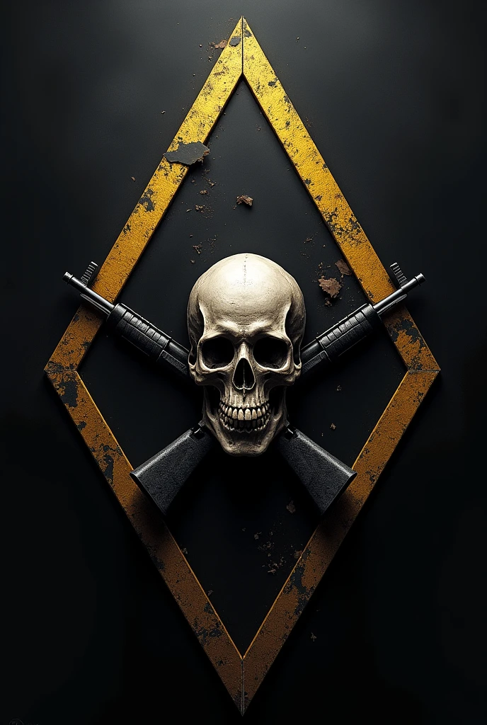 A triangle-shaped flag with a black background and gold flag edges.. And inside the logo type a skull with crossed rifles 