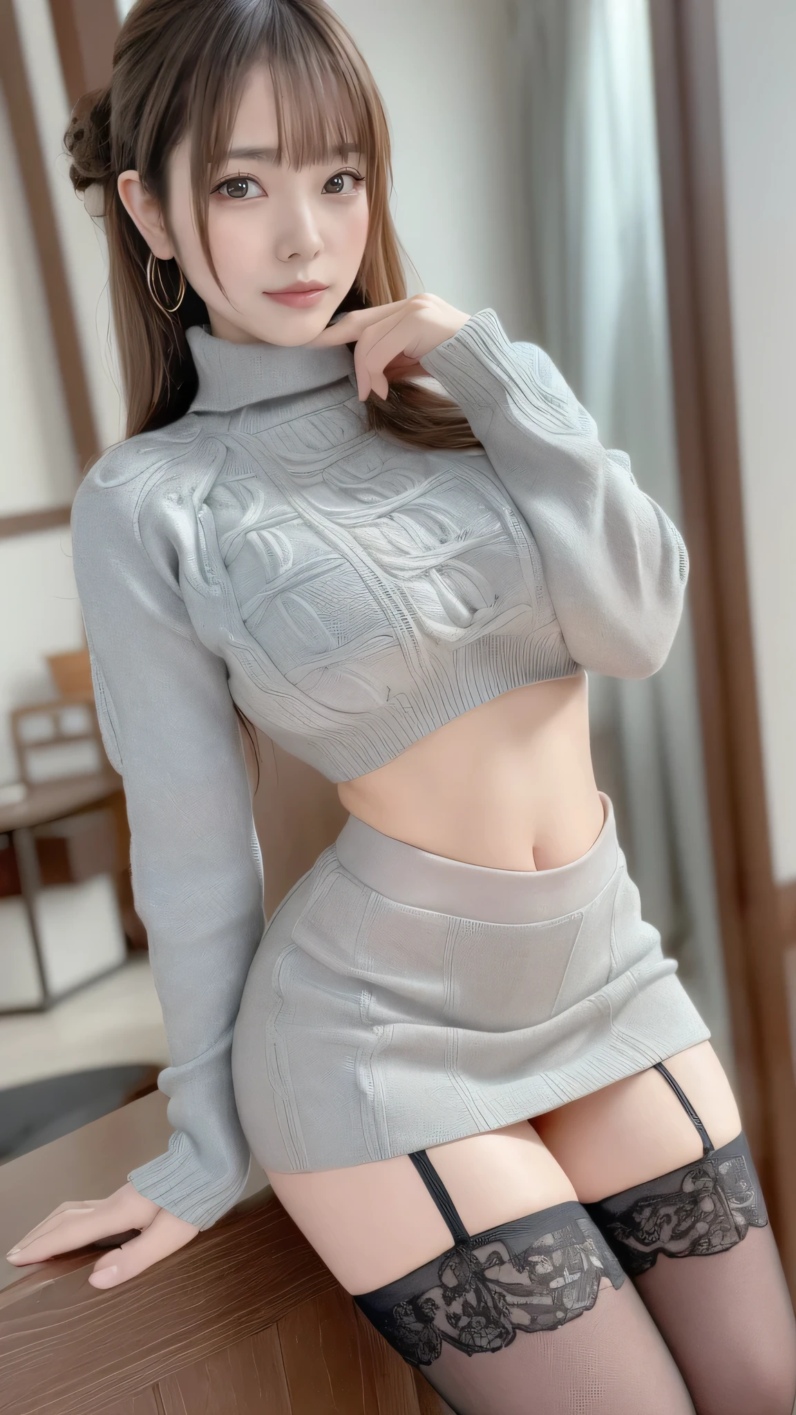 (random porn pose),(Highest image quality,(8k),ultra-realistic,best quality, high quality, high definition, high quality texture,high detail,beautiful detailed,fine detailed,extremely detailed cg,detailed texture,a realistic representation of the face,masterpiece,Sense of presence),sweater,tight mini skirt,stockings,Engineer boot