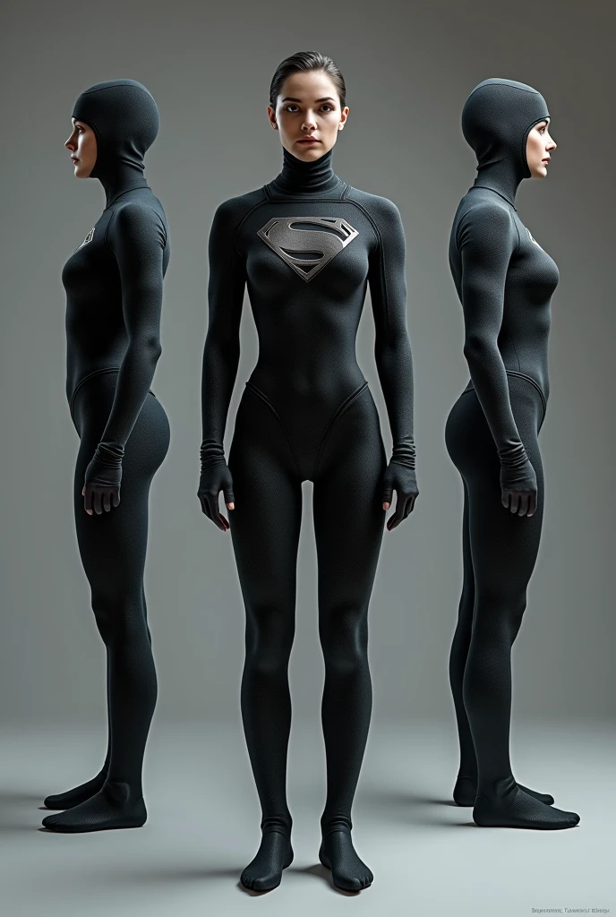 A dark gray women's compression garment without a high collar up to near the jaw and covering the arms, legs and feet with the same fabric and textures as Henry Cavil's Superman suit in Man of Steel 2013 and I want the model to be facing front and back, half profile front and half profile back and side.