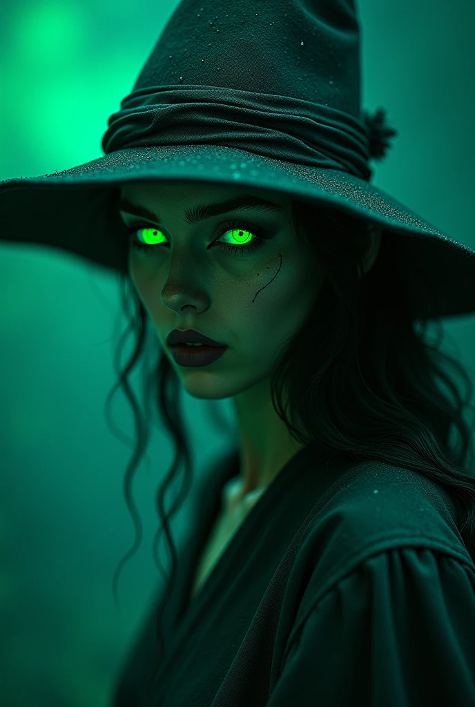 Show me a picture of an androgynous witch with the face of Policarpa Salavarrieta,Nocturnal, of the Moon, from the shadows, green, Cyan call of the sign Aquarius, vegetarian,sus colores favoritos son el azul y el green pero sobre todo el viridian y es una pantera de ojos green neón del Amazonas. 
without hat. He loves hallucinogenic mushrooms. 
