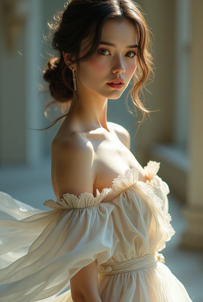 CG K Ultrarealistic ,((premium、8k、32K、masterpiece、NffSW:1.3)), (superfine illustration)、(super high resolution), (((adult body))), (masterpiece, Best Quality:1.2),a beautiful girl，Skin details processing.....，The eyes are finely described.....，delicate hair，long wavy hair，long light hair，She has a big bow on her head....，Modern clothing ,violet rose, yellow and green，clean background