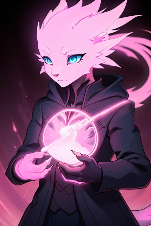 She is an enigmatic figure, a woman with wolfish features that defy natural logic. Your skin is pale and translucent, with veins that glow subtly with a pink light, revealing a body partially sustained by pure energy. Their eyes, two empty orbits, emanate an incandescent pink glow, carrying an expression of sadness and distance.

Your coat, once white and majestic, now it is thin and rarefied, only covering part of your body. Black bones like emptiness form the main structure of its body, creating a dark contrast with the light that runs through his veins. Its sharp claws reflect a ghostly glow.

She has a pair of thin tails, and at the tips of those tails, little pulsating hearts glow with pink energy, as if they were fed by the life force that flows through it. Your organs, partially visible, also shine with this intense light, standing out against the darkness of his bones.