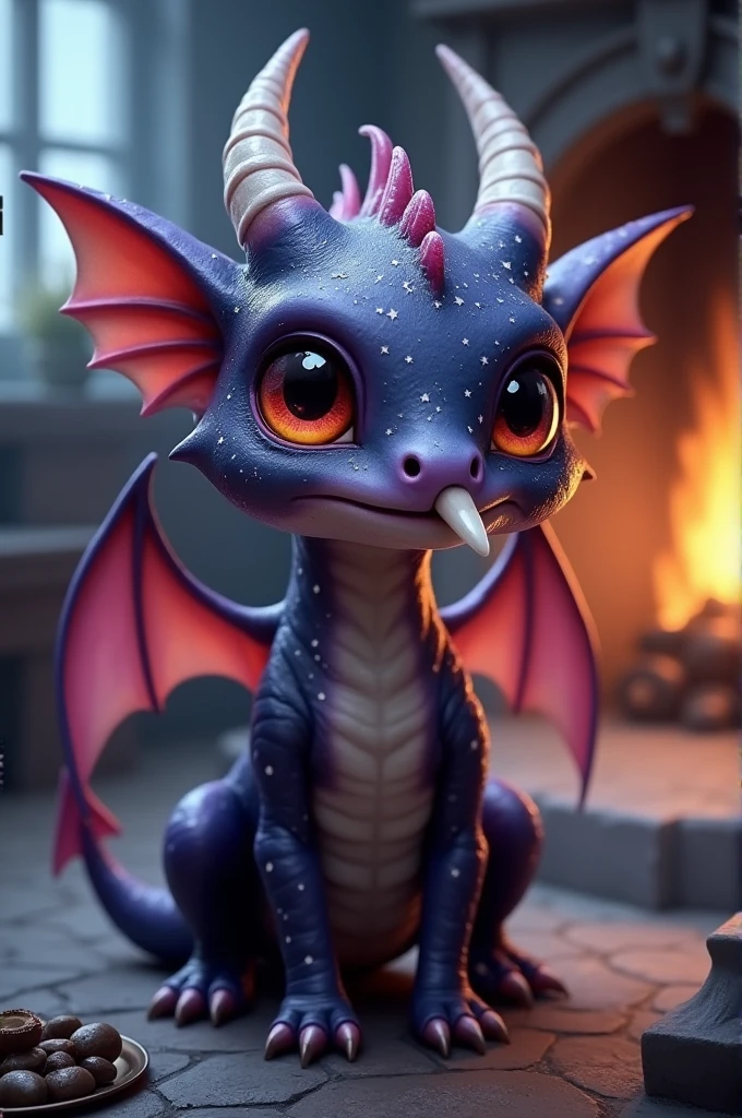 Stubby purple dragon with only two legs, with a pair of white horns, mottled with black and white tones. Its wings are like two thin membranes such as those of a bat. Small in stature, dotted with stars along its anatomy, with large red eyes. White, pointed horn on the nose. Against the background of a gloomy gothic room, lit by the warmth of a fireplace.