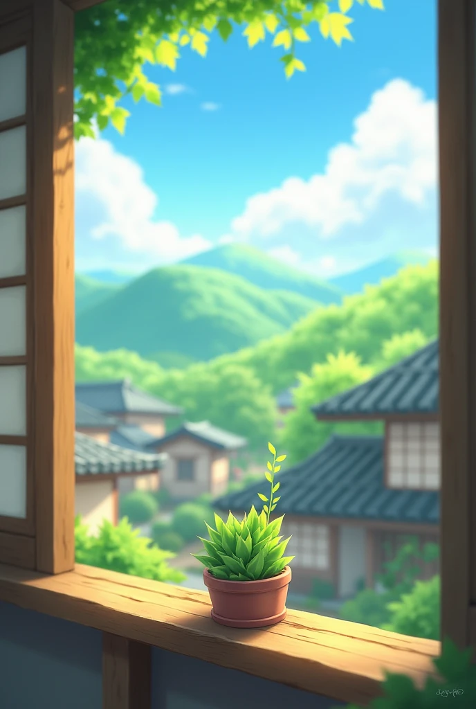A serene, picturesque Japanese village with traditional houses, surrounded by lush green hills under a bright blue sky. In the foreground, a tiny seed named Kiko is nestled in a small pot placed on a wooden windowsill. The scene shows Kiko basking in the sunlight with a soft breeze gently swaying the leaves around her.