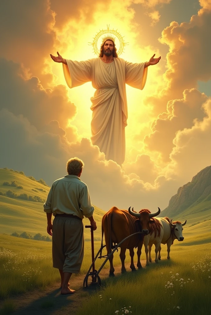 Create an icon of a humble blond peasant he is working in a vast green and hilly field, guiding a plow through the land with oxen. He is dressed in simple clothes, like a linen shirt and worn pants, while holding the plow firmly. In front, the oxen are pulling the plow wildly.. In the sky above him, instead of the common sun, there is an iconic image of the face of Jesus Christ. Jesus is depicted as a radiant figure, with a golden halo around his head, his crown and bloodied hands extended in blessing, emanating light that illuminates the field. The scene is peaceful and serene, with warm tones of golden light, symbolizing divinity and blessing on the peasant&#39;s work.