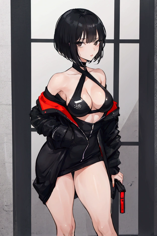 Girl with Short black hair and black eyes, full lips, sexy, sporty body