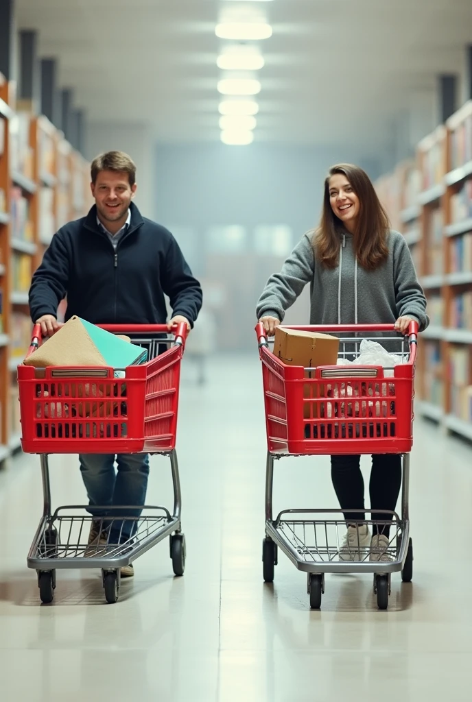 A person holding an empty shopping cart pushing it with ease ,and with another person holding a shopping cart with objects pushing it forcefully , and it is different which cart accelerates faster .
