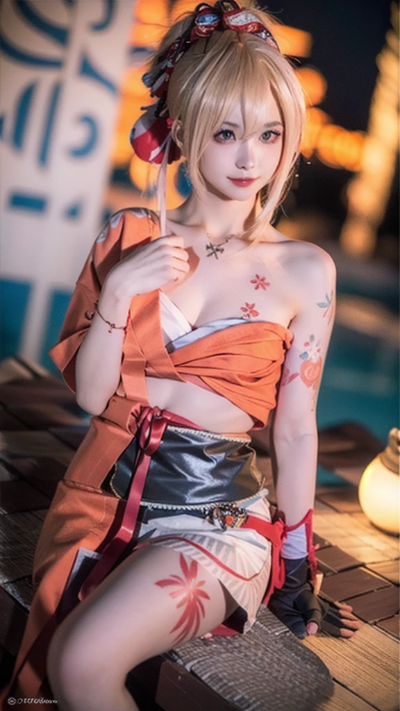 Yoimiya, chest tattoo, slight smile, aerial fireworks, orange kimono, whole body,   beach, Summer evening, Seaside, Leg armor, (ultra high resolution,masterpiece, Best quality, high quality, a high resolution, ultra detailed,  photorealistic, small waist, perfect face, no disadvantages, HD, a high resolution, beautiful woman,realistic lighting,Light and shadow)