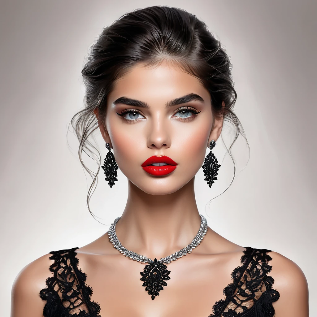 Gorgeous european woman with short hair, short hair, wet hair, hair slicked back, combed straight back, slick hair, red gradient hair, dressed as a gypsy pirate, small pirate hat, jewelry, cleavage, glamour, solid dark grey background