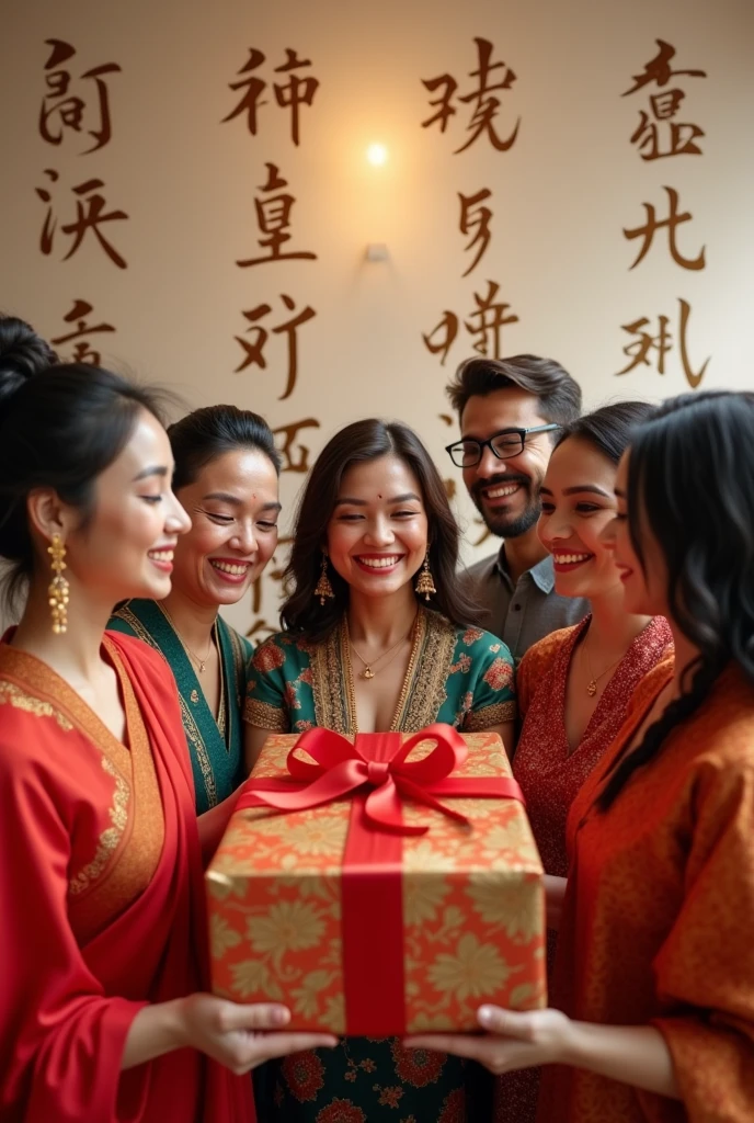 Un groupe de  personnes heureux et souriants, nous regardent tous et nous offrent un grand cadeau de bienvenue. Le décor au fond est minimaliste avec des écritures chinoise, indienne et française, photo net en 10K détaillé 