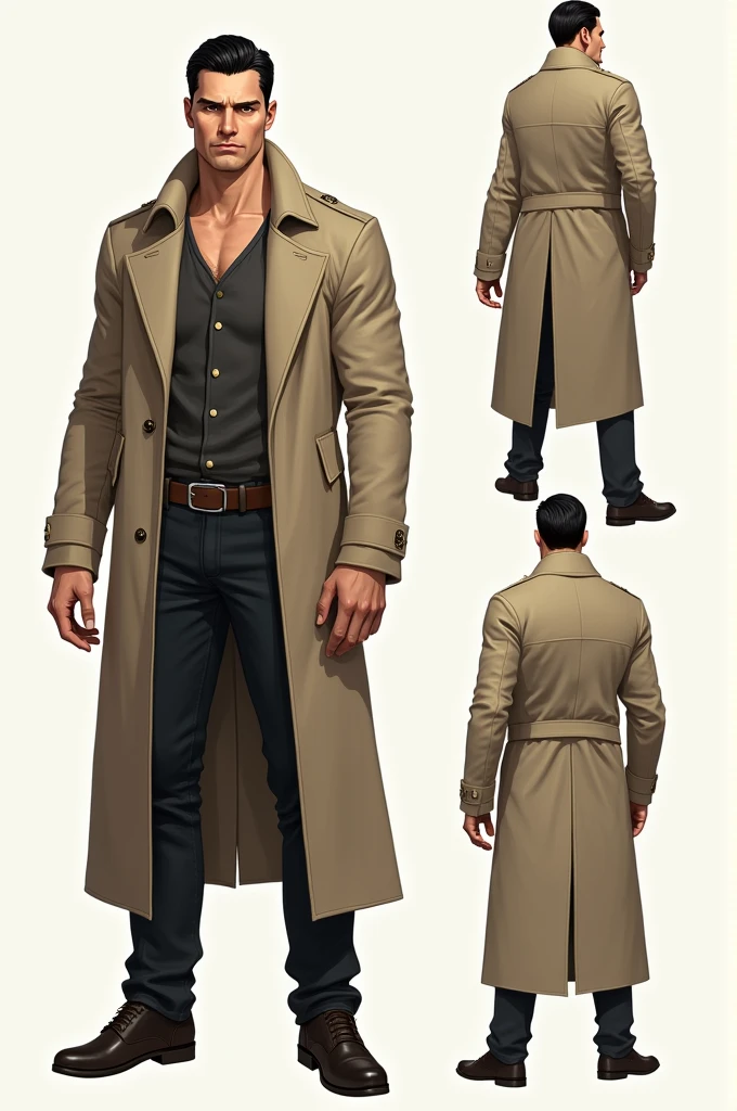 (CHARACTERSHEET:1) (MULTIPLE VIEWS FULL BODY UPPER BODY REFERENCE SHEET:
White man, athletic body, black hair, short hair Slicked back, brown eyes, using a begie overcoat, looks like John Constantine, he is not bald