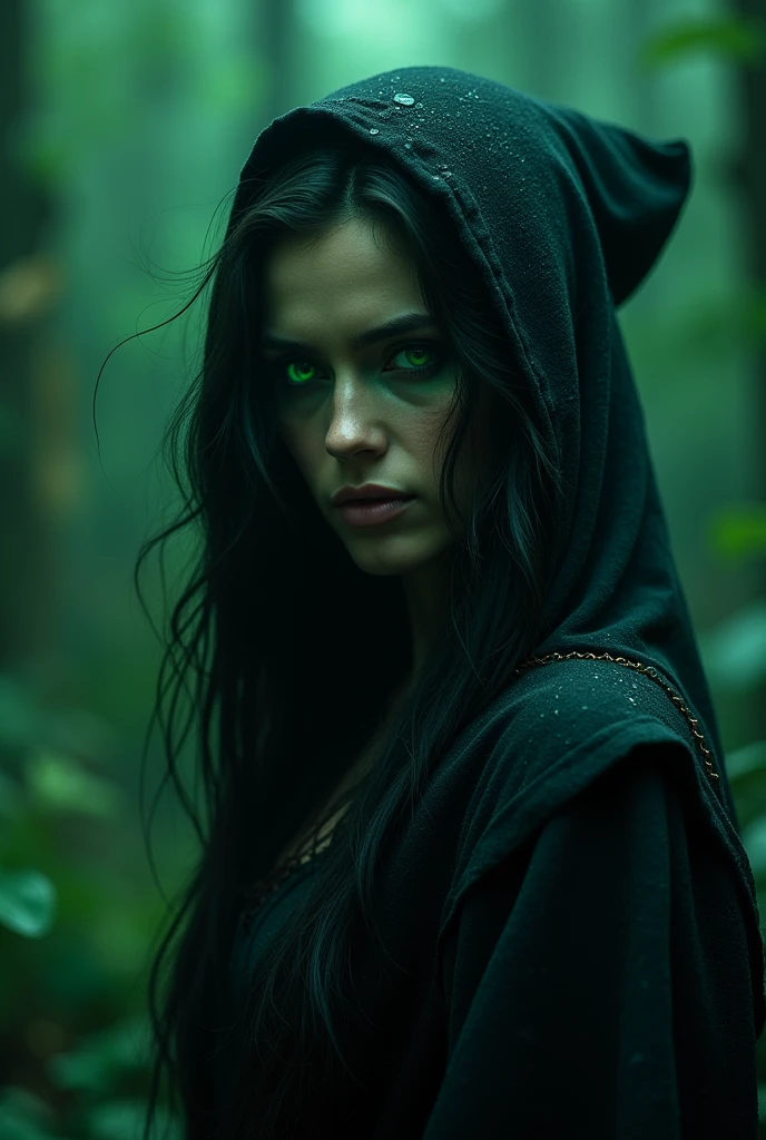 Show me a picture of an androgynous witch with the face of Policarpa Salavarrieta,Nocturnal, of the Moon, from the shadows, green, Cyan call of the sign Aquarius, vegetarian,sus colores favoritos son el azul y el green pero sobre todo el viridian y es una pantera de ojos green neón del Amazonas. 
without hat. He loves hallucinogenic mushrooms. 
