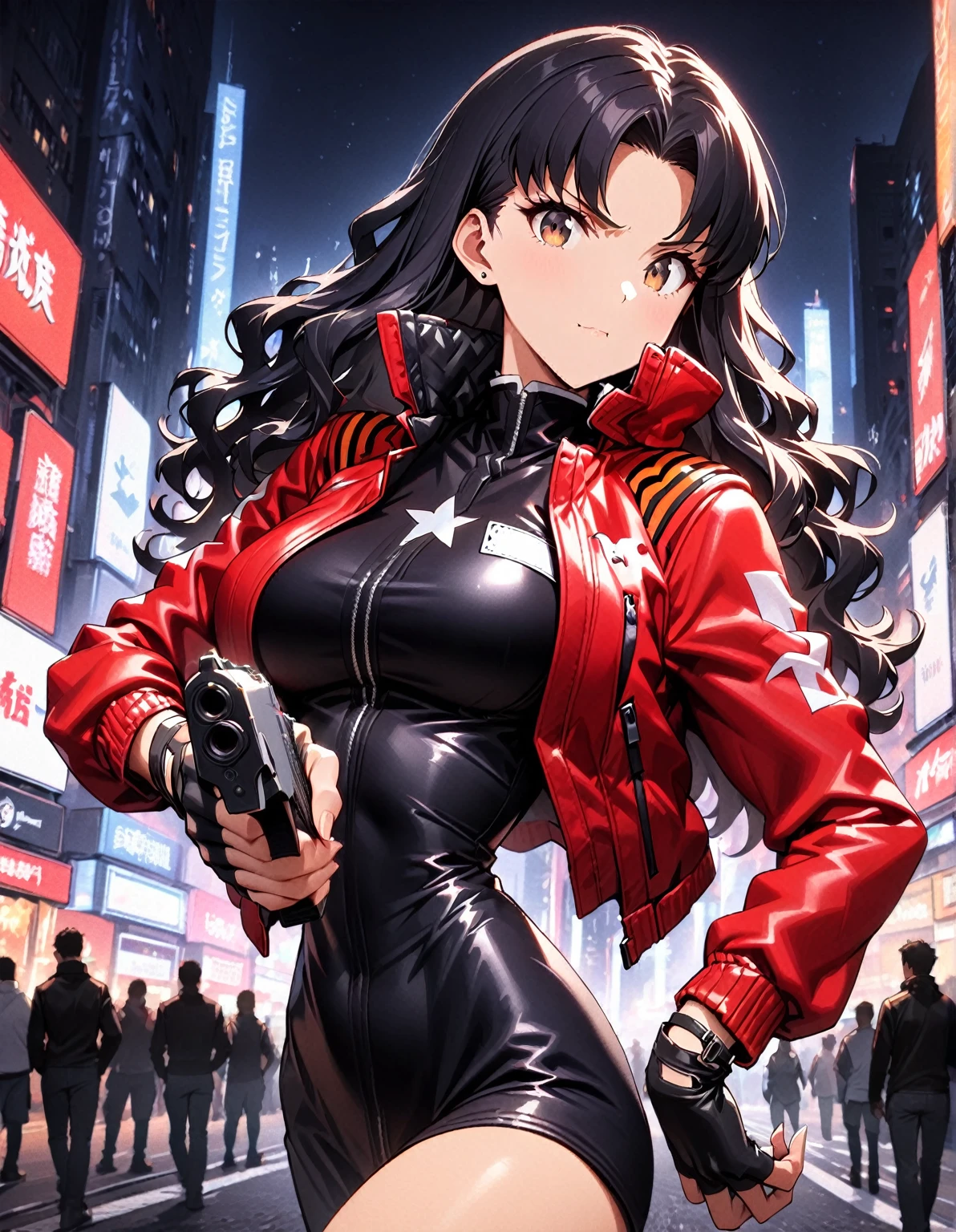 best quality, masterpiece, highres, 1girl, Katsuragi Misato, (solo, solo focus), (dark blue dress, red jacket, neck lace, sport sunglasses see through, black boots), pointing pistol at viewer, desert eagle, leather jacket, fingerless gloves, black hair , long hair, wavy hair tips, hazel eyes, beautiful detailed eyes, beautiful detailed face, (perfect hands), perfect anatomy, perfect proportions, medium breasts, city street backdrop, night noir atmosphere