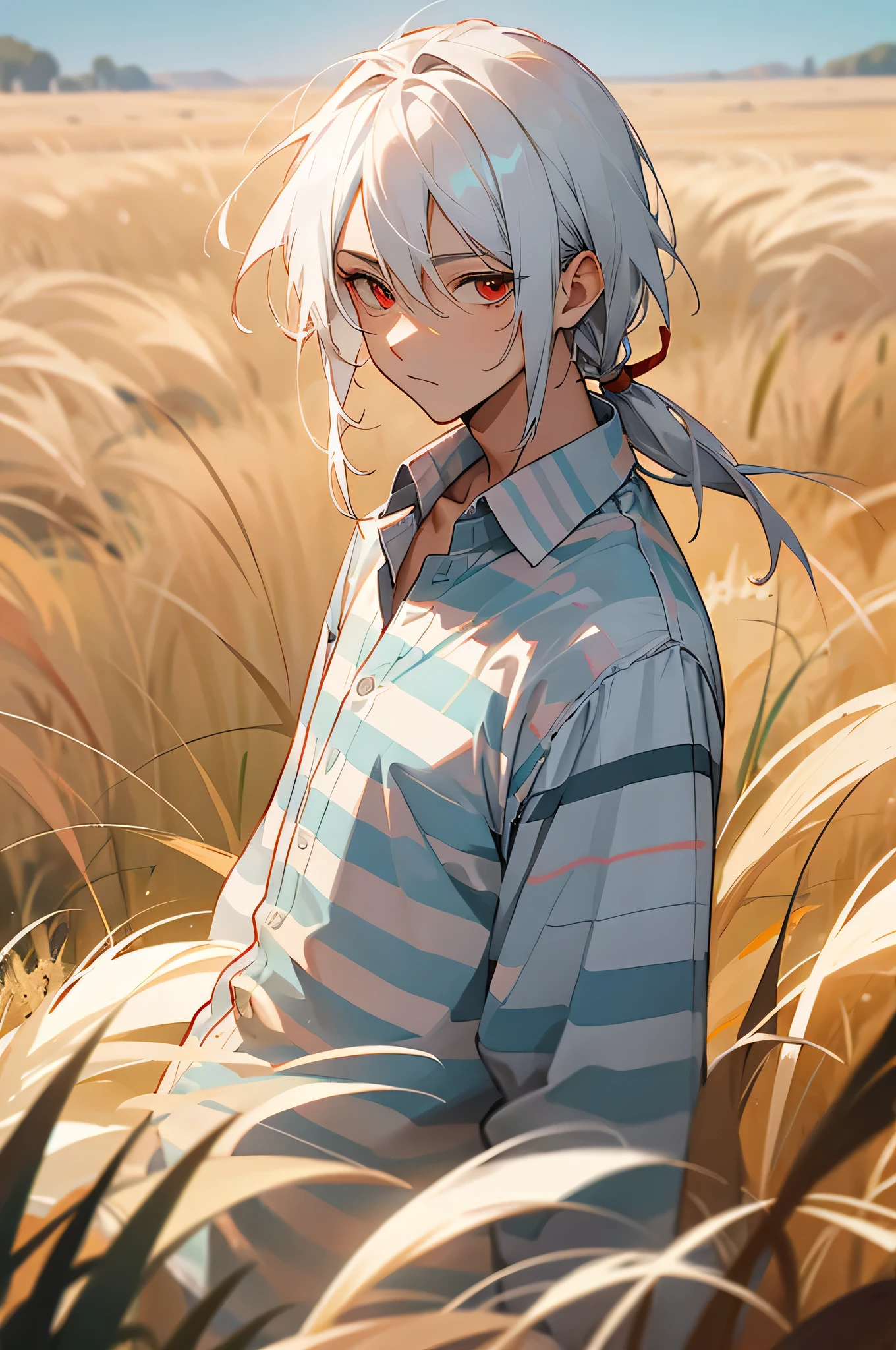 male, young adult, Vacation Striped Cotton linen Shirt, White Hair, Red eyes, Grassland Background