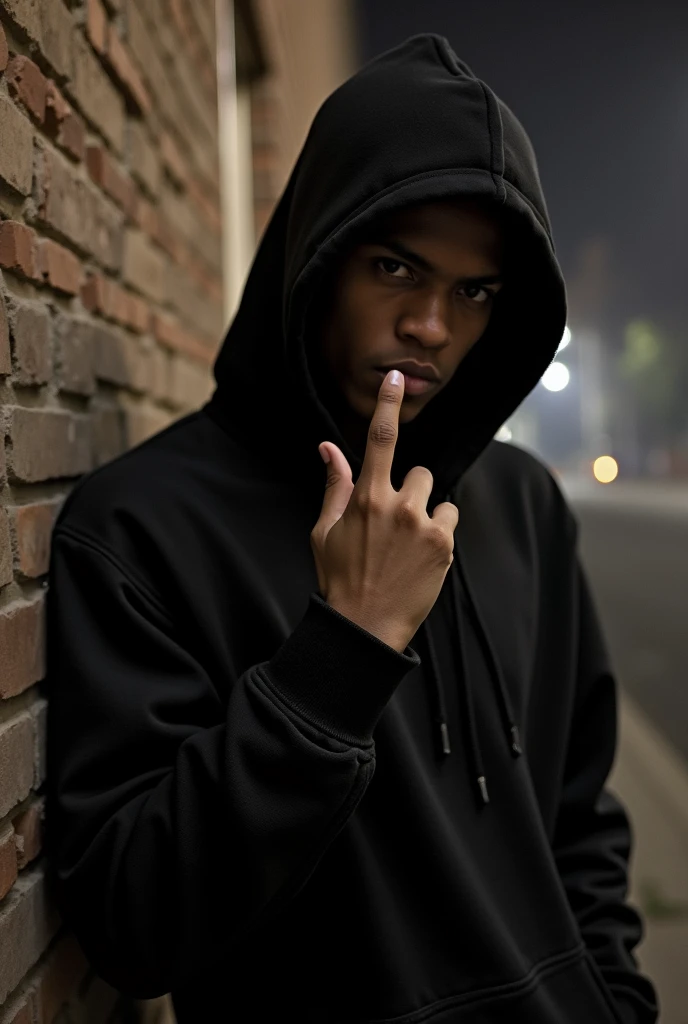 Real human , nigger guy using black clothes and showing the middle finger. On the streets at night in a brick wall with more nigger hood people taking the picture and holding the phone sitted on the floor, 17 years old he has a prerty but cold face