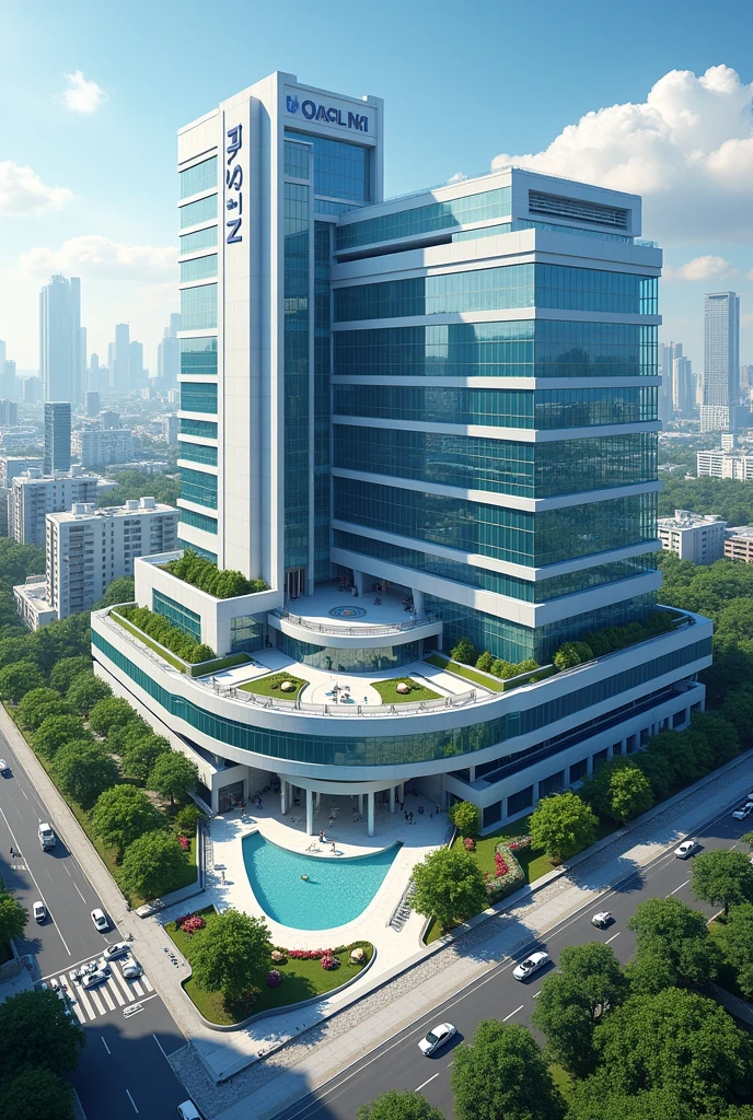 Generate a big hospital with near a city with the logo POM GEN