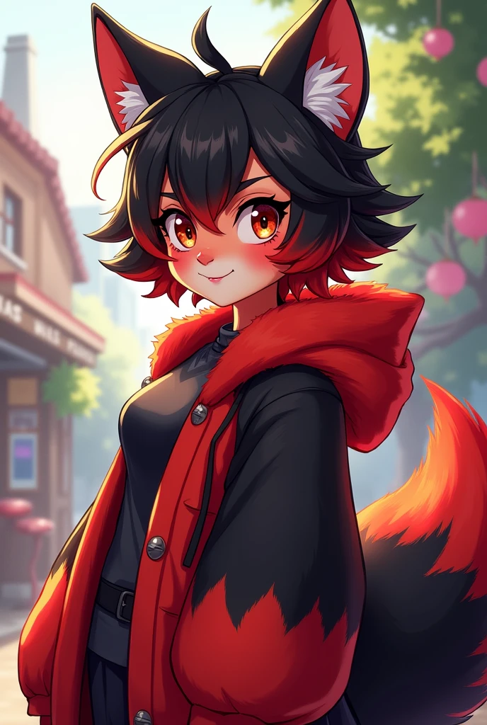 Short haired furry girl half black and red cartoon