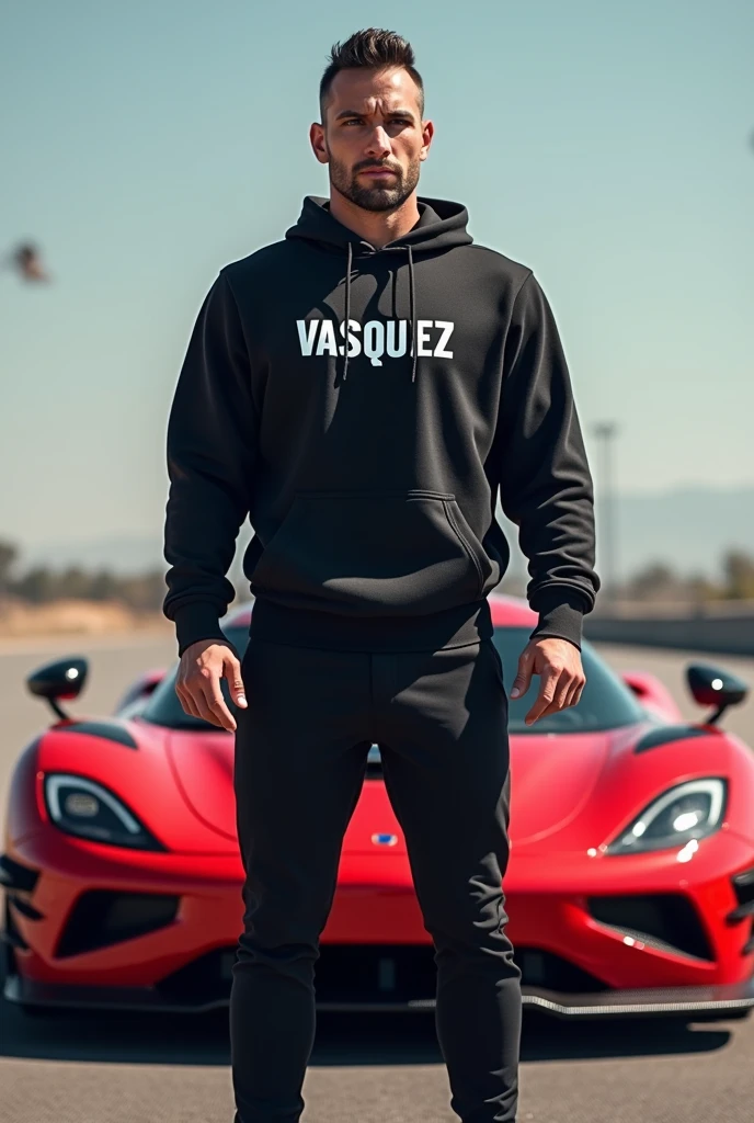 Tall man with back in sports sweater with surname "vasquez" in front of a Red Koenigsegg Agera R