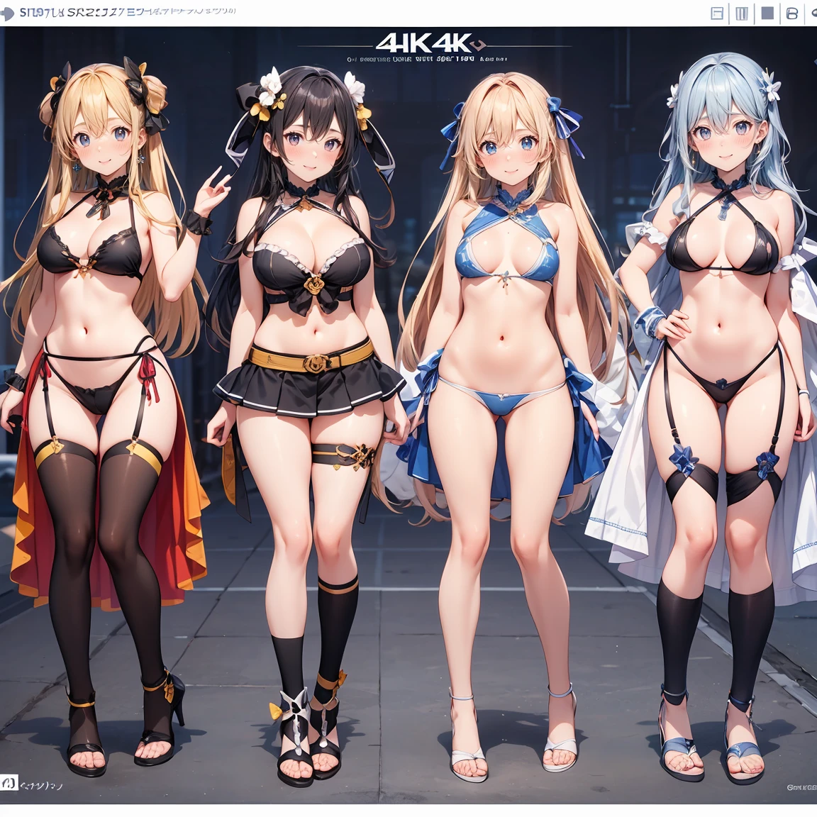 Highest quality, Super detailed, (Ultra-high resolution,8k), Ultra-high definition 4K, (Perfect Anatomy, Anatomically correct), (5 cute idol groups), (Women's dress with detailed floral print), (Beautiful Eyes), (Detailed eyes), (High-quality facial beauty), (Water City Square), (Photorealistic), (Big Breasts), Soft Skin, Glowing Skin, Bright lighting, ((High Jump)), (5 cute girls), colorful, Goddess-like beauty