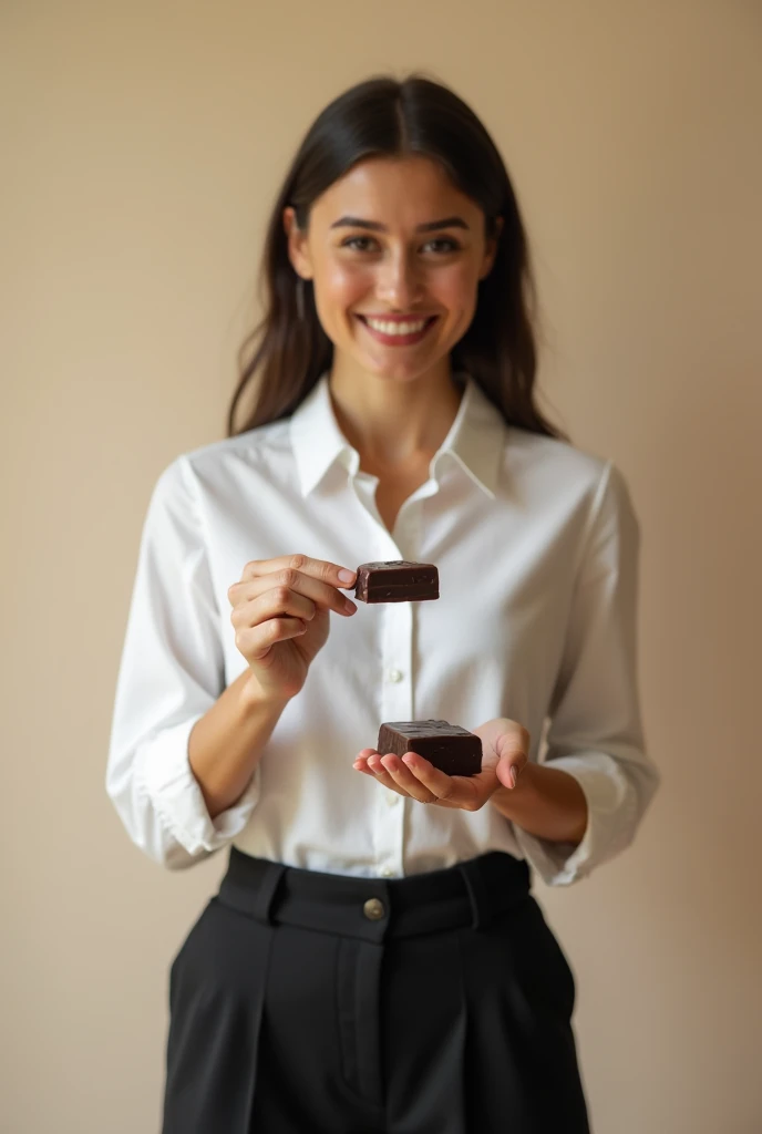 happy woman in formal blouse and pants, holding a very small rectangular brown almost black candy
 