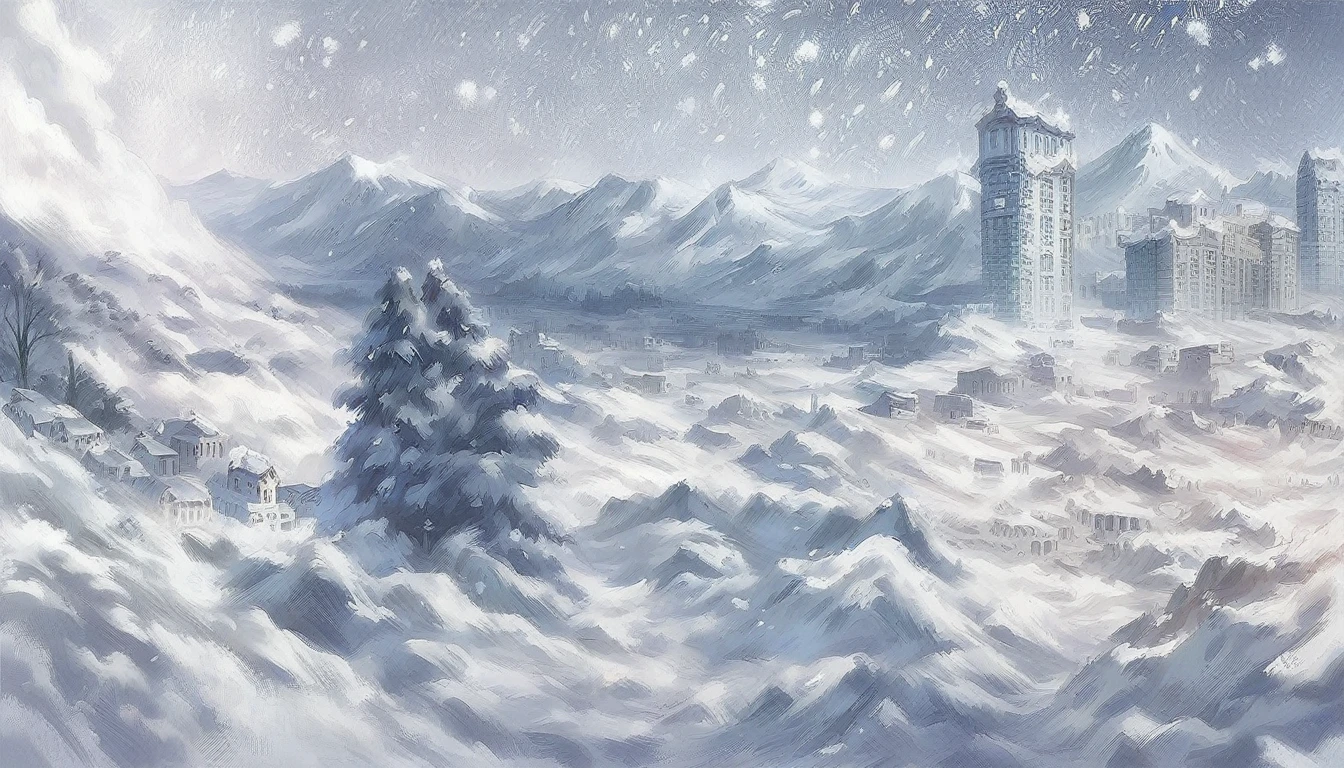 snowy mountain scene with a city in the distance, winter concept art, ice city in 2 0 8 0, illustration matte painting, snowy. by makoto shinkai, snow wasteland, dreamy matte painting, hyperdetailed matte painting, luminescent matte painting, game art matte painting, matte painting”, matte painting ”, frostpunk, snowstorm, planet hoth,shingeki_no_kyojin_s4_style