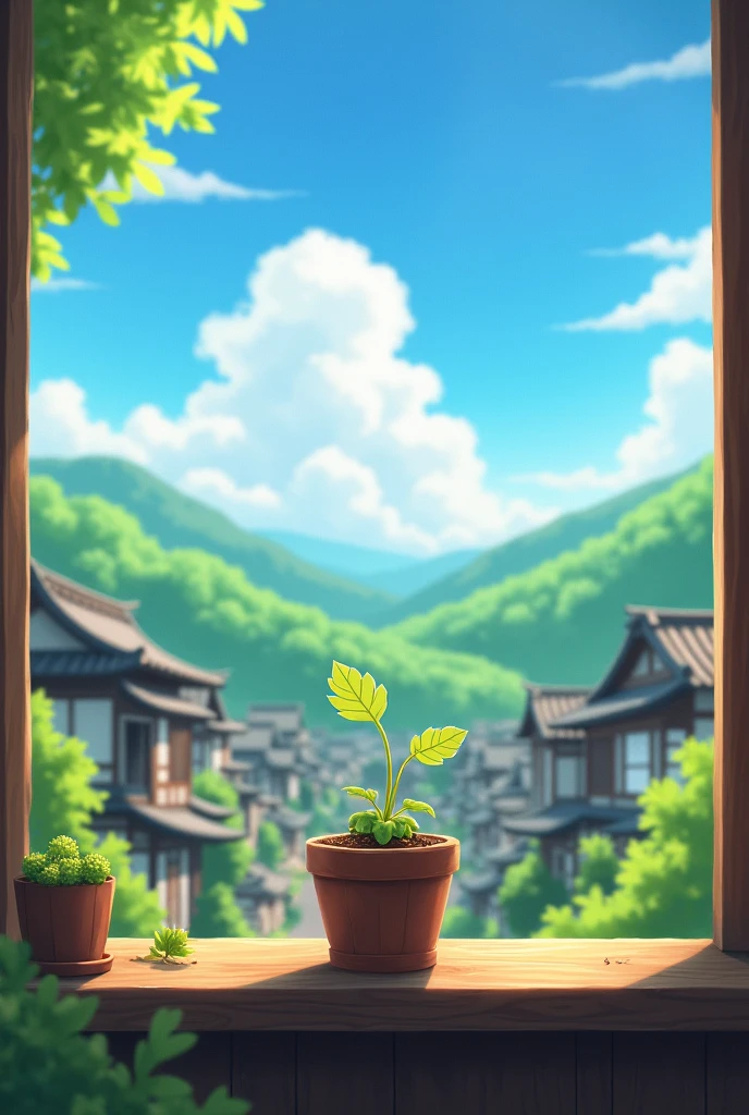 A serene, picturesque Japanese village with traditional houses, surrounded by lush green hills under a bright blue sky. In the foreground, a tiny seed named Kiko is nestled in a small pot placed on a wooden windowsill. The scene shows Kiko basking in the sunlight with a soft breeze gently swaying the leaves around her.