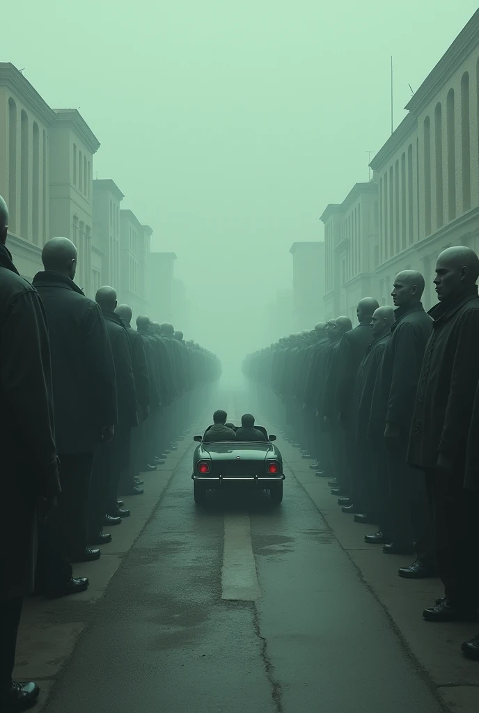 the travelers drive away in car, the streets are lined with bald townspeople silently watching them, standing motionless. There is only one car on road