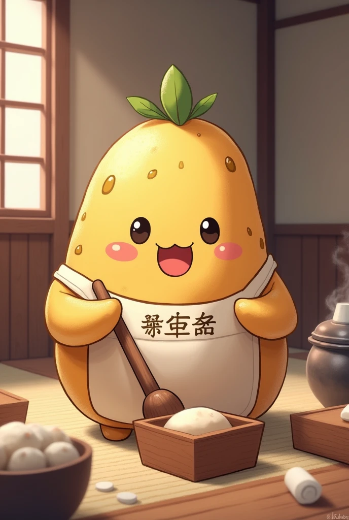 A potato character is making mochi