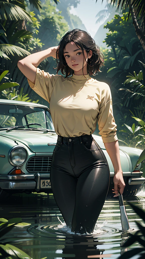 A young woman is camping on the mountain, she is wearing tight clothes, her hips are big, she is walking in the water, she is passing through the jungle, she is staying in the evening, she is in the sun, or she is driving a vintage car.