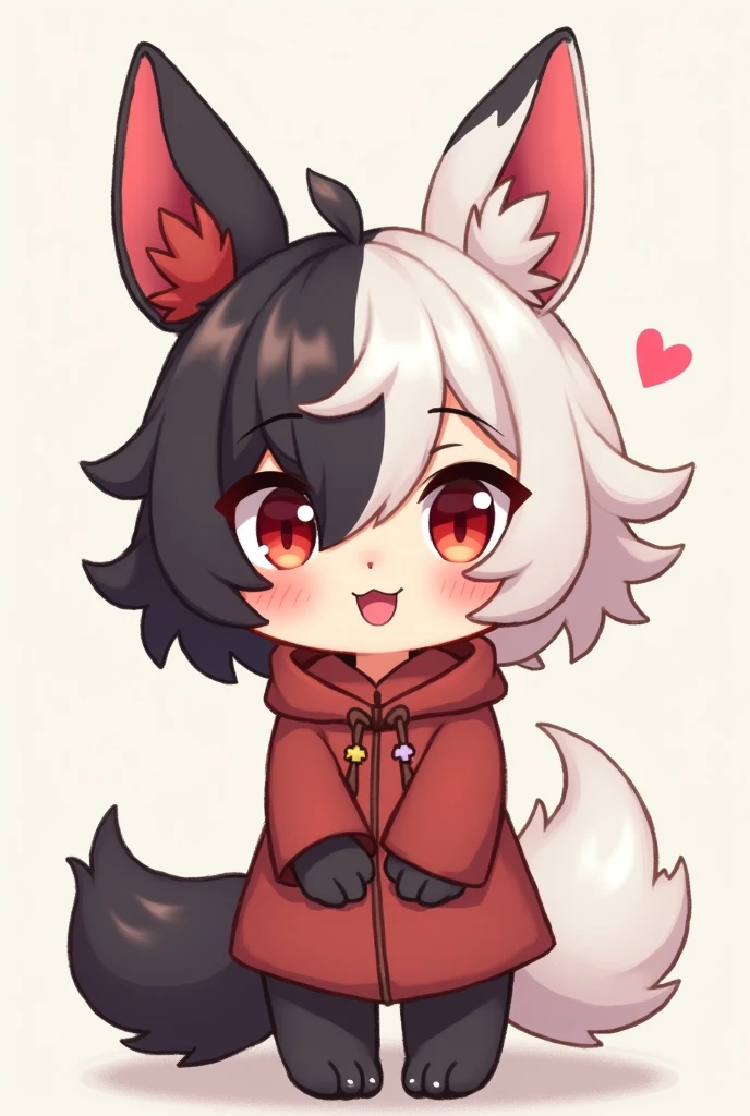 Furry girl with short hair half and the other half black and red cartoon with white fur