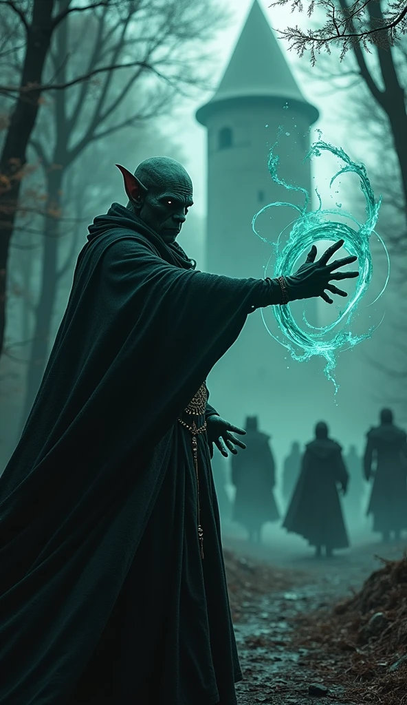 realistic photo, fantasy world, evil mage, dark, necromancer, dark elf, glowing eyes, powerful, thanks to dark magic revives the dead to fight the good heroes, gestures of the hands and the magic that comes out of them. the background is a dark forest and the area around the tower of magic to which the good heroes are heading. Dynamic action, photorealistic shot, bokeh, hdr,