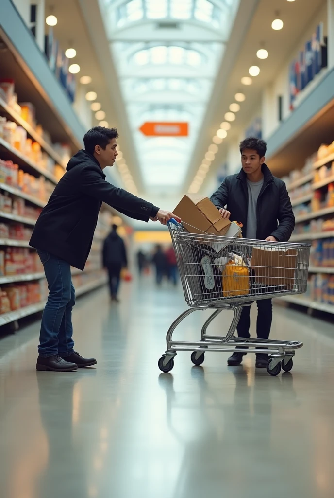 a person holding a cart pushing it with ease ,and with another person holding a shopping cart with objects pushing it forcefully , and it is different which cart accelerates faster .