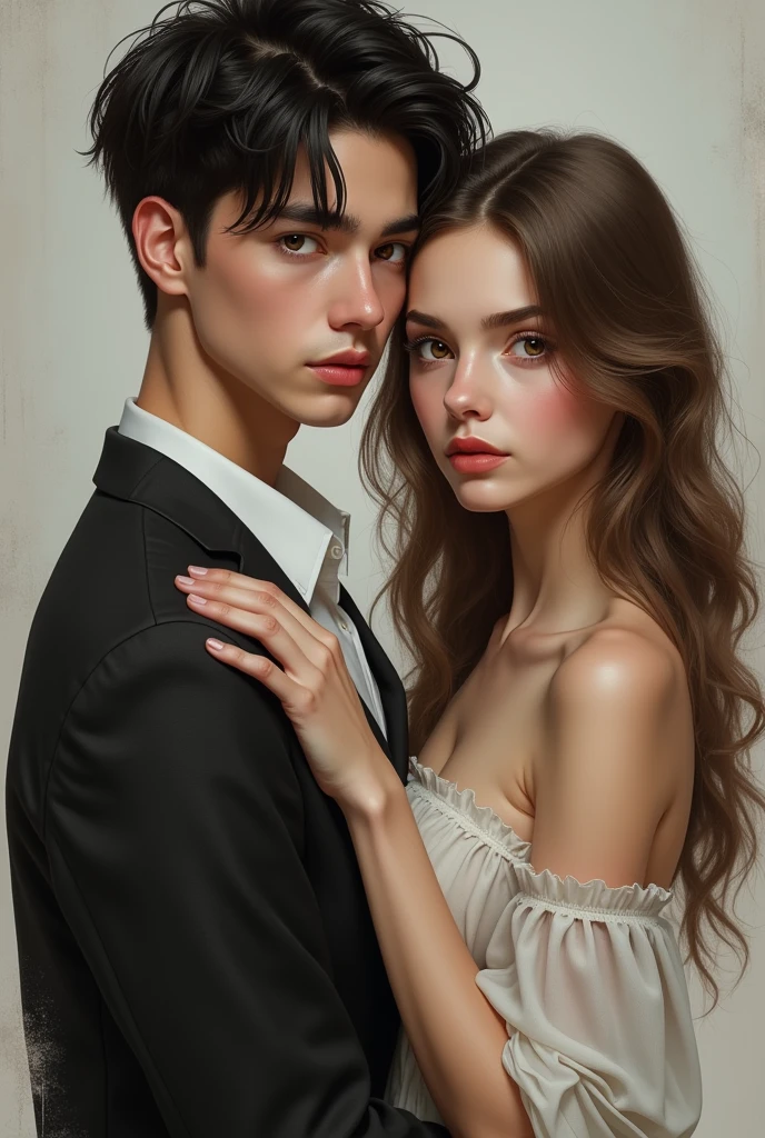 Make a tall boy with dark hair, dark brown eyes, white skin and a woman with white skin, brown hair and brown eyes with eyebrows made in realistic image